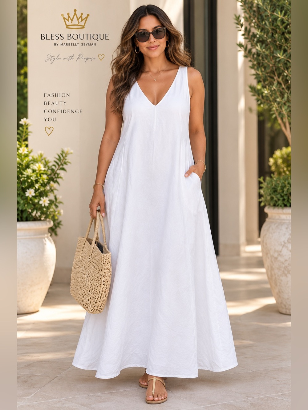 Vince White Linen Blend V-Neck Maxi Dress Pockets Size L